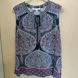 Danielrainn Paisley Sleeveless Top L Navy Pink Embroidery Tassel Tie Boho Vacay